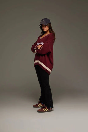 Marseille Knit V-Neck Sweater Red Wine